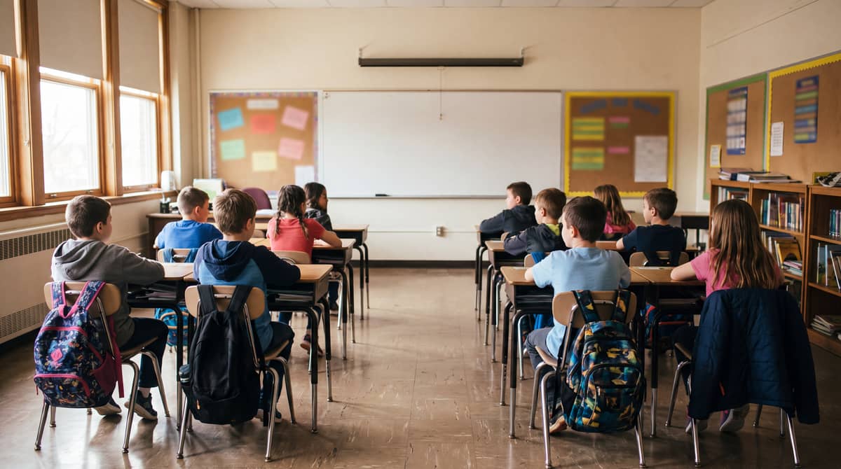 Children seated at their desks in an elementary school classroom, seen from the back of the room, facing a whiteboard.